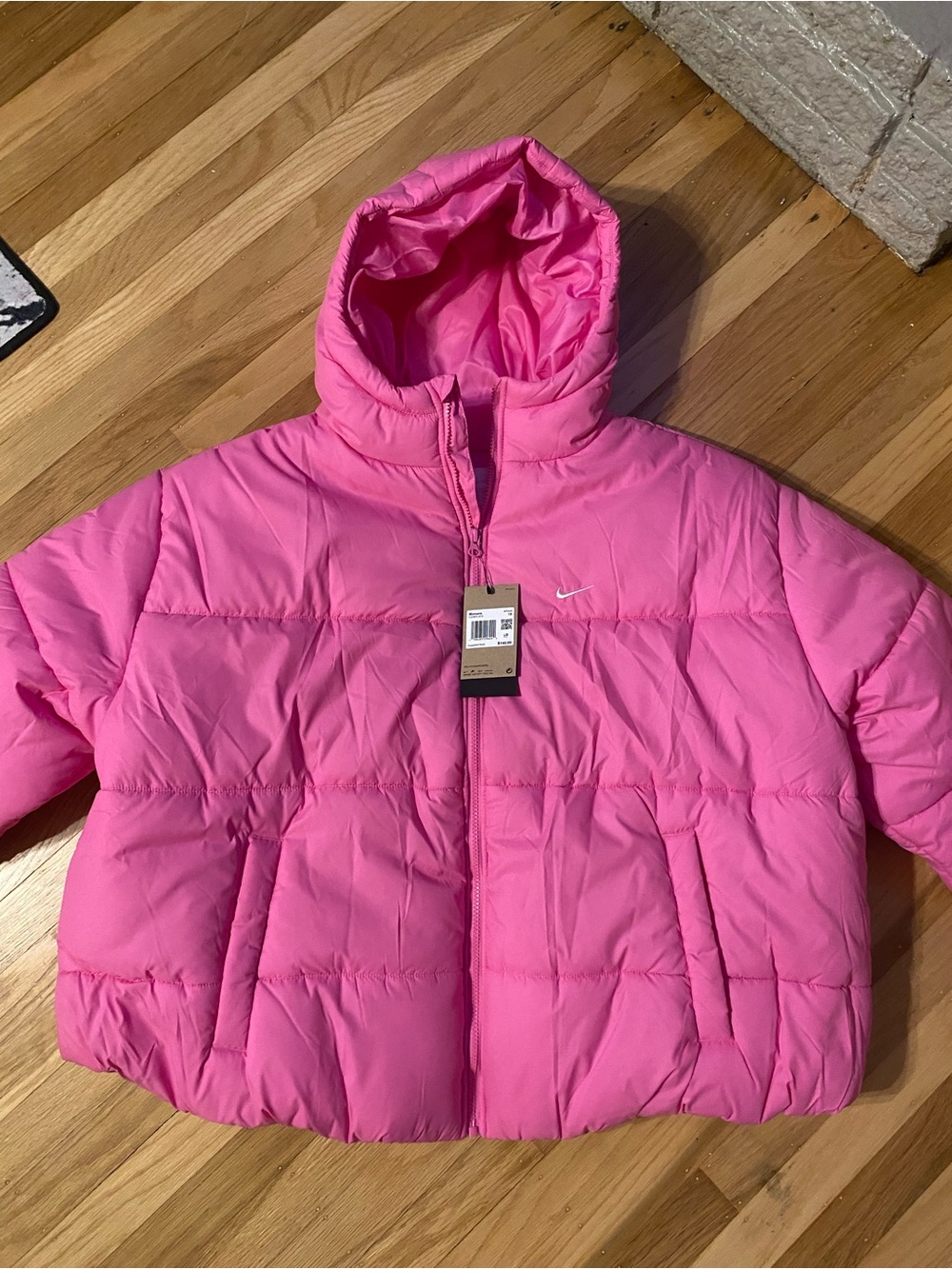NEW Nike Sportswear Classic Puffer Womens Therma-FIT Loose Hooded Jacket in Pink